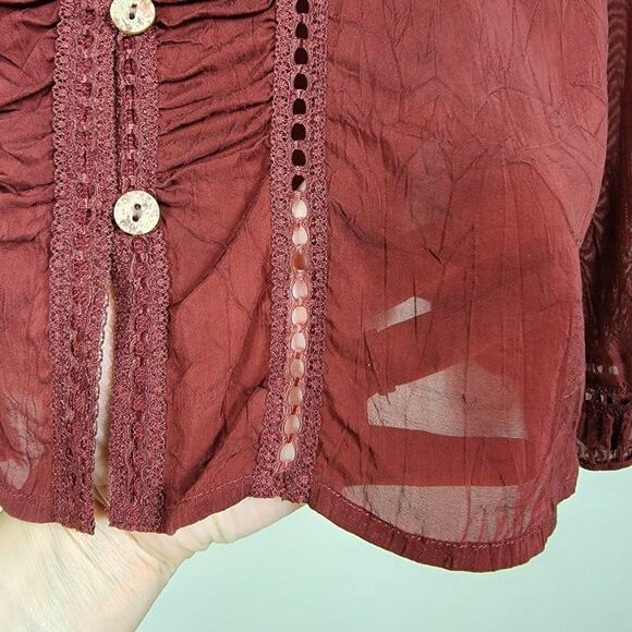 J Jill Long Sleeve Button Down Blouse Currant Red Women Size M Rayon Sheer Lace - Picture 5 of 11